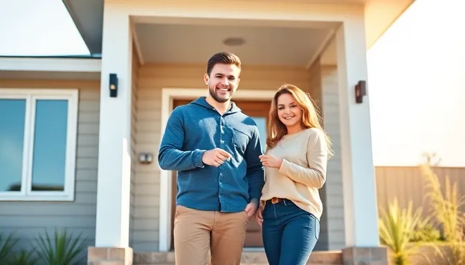 Young New Zealand couple outside their first home holding the keys