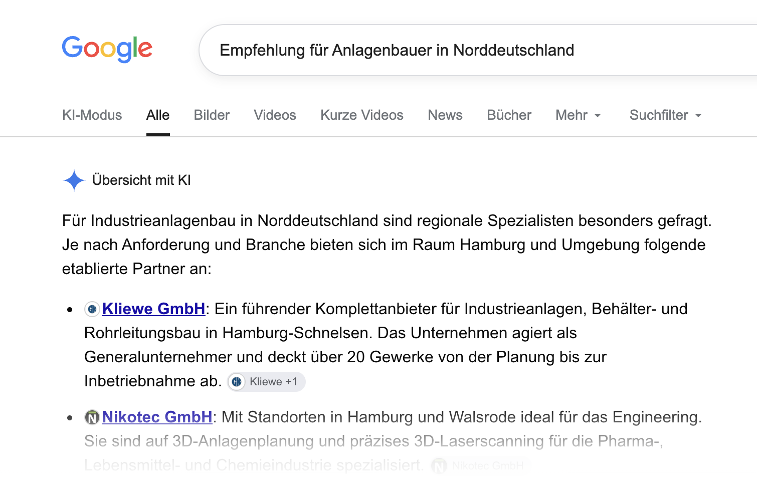 Google Übersicht mit KI – Kliewe GmbH an erster Stelle