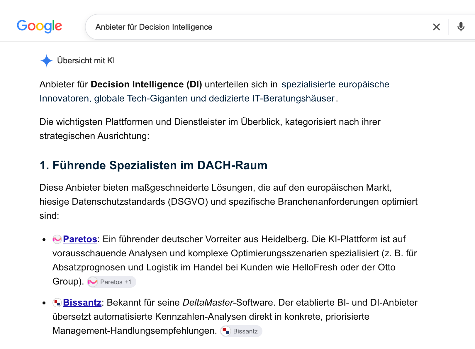 Google KI-Übersicht nennt paretos als Anbieter für Decision Intelligence