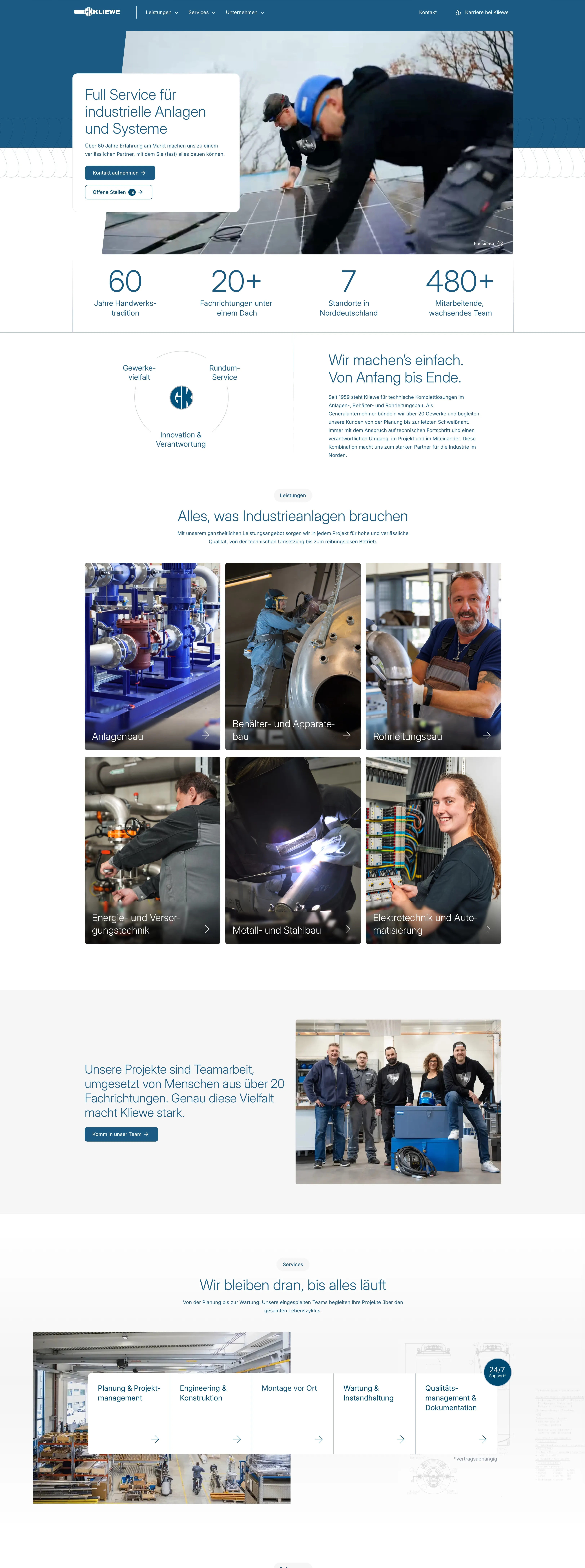 Startseite der neuen Kliewe-Website: Full Service für industrielle Anlagen und Systeme