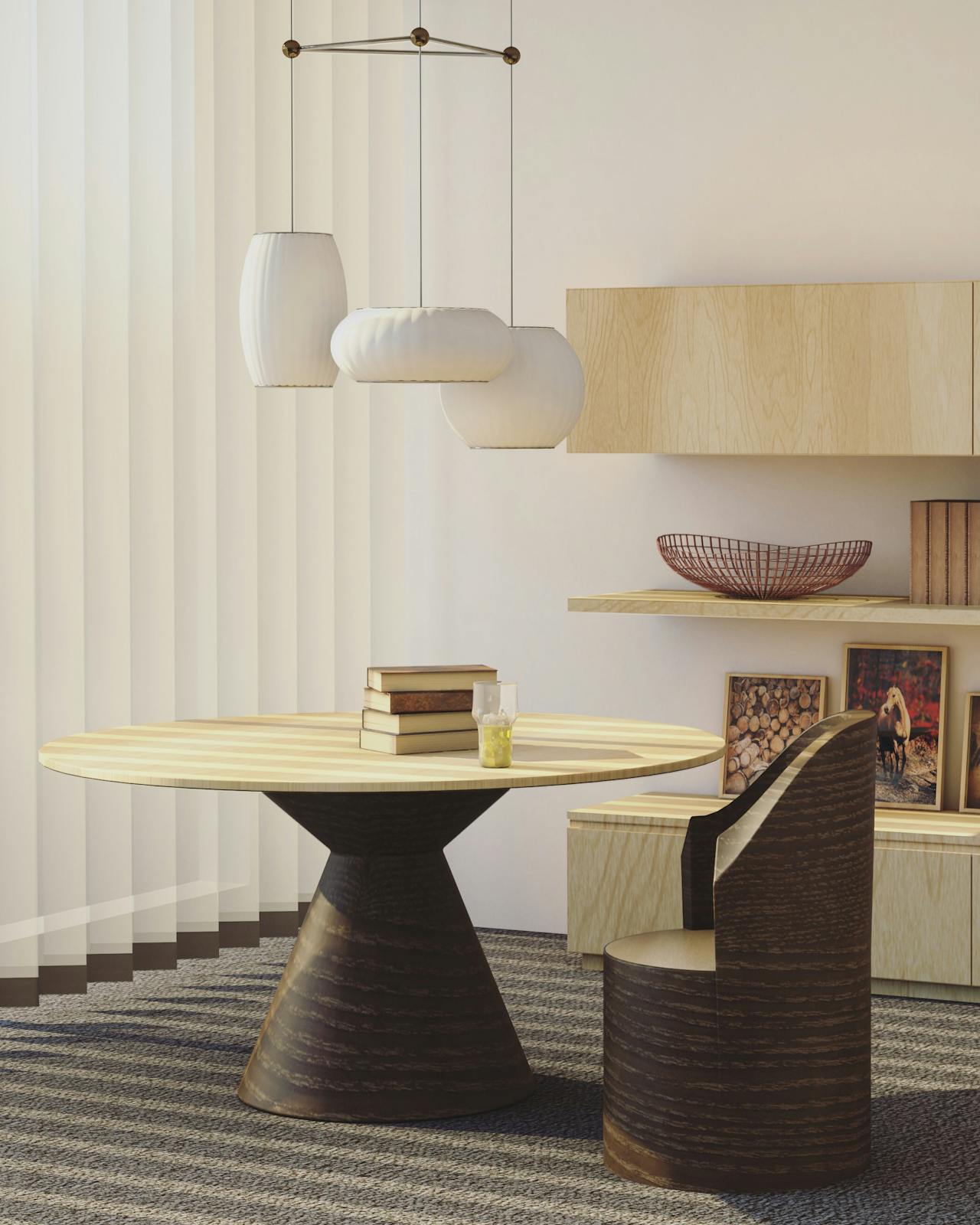 A room with a table, chairs and a book shelf.