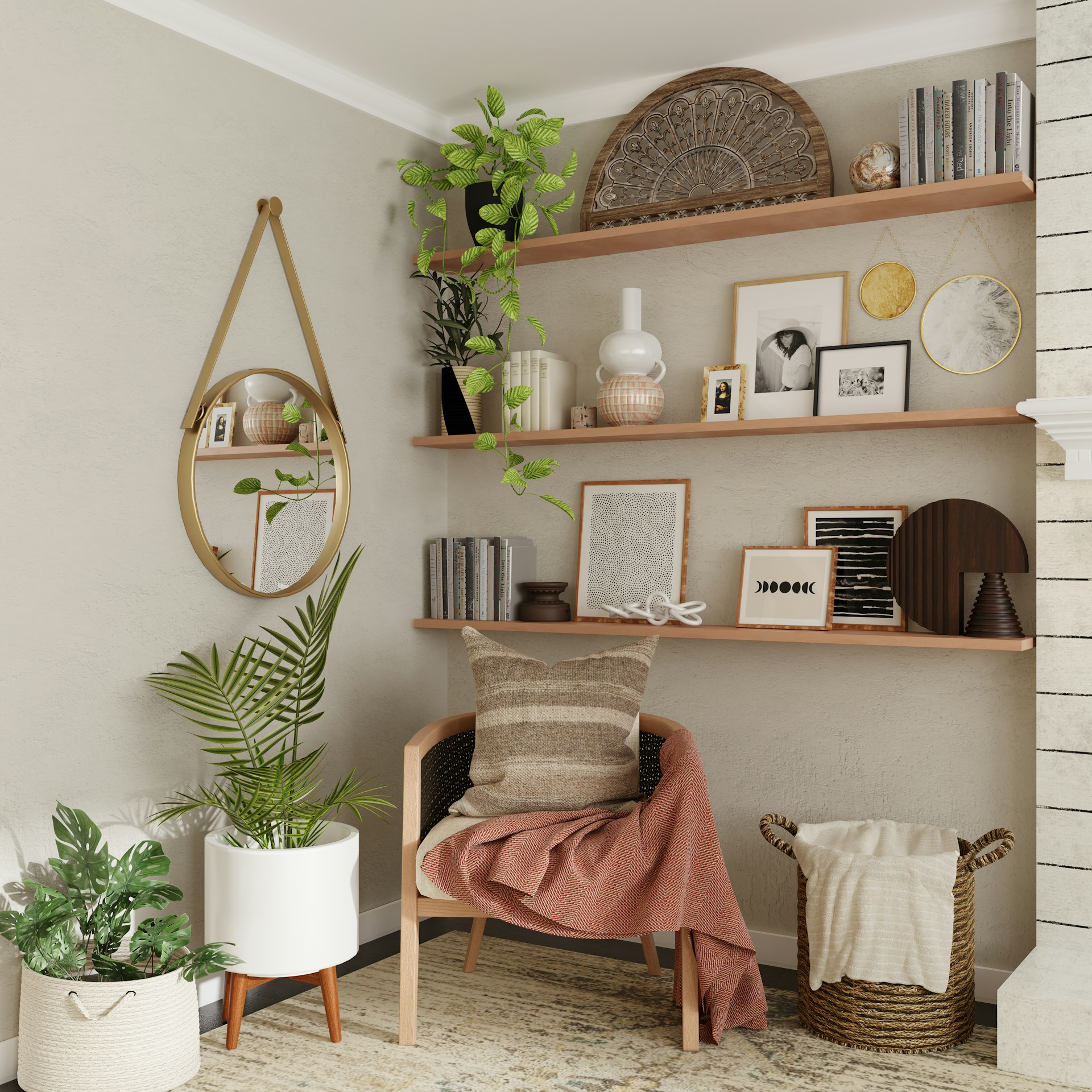 A living room with a chair, shelves and a potted plant.