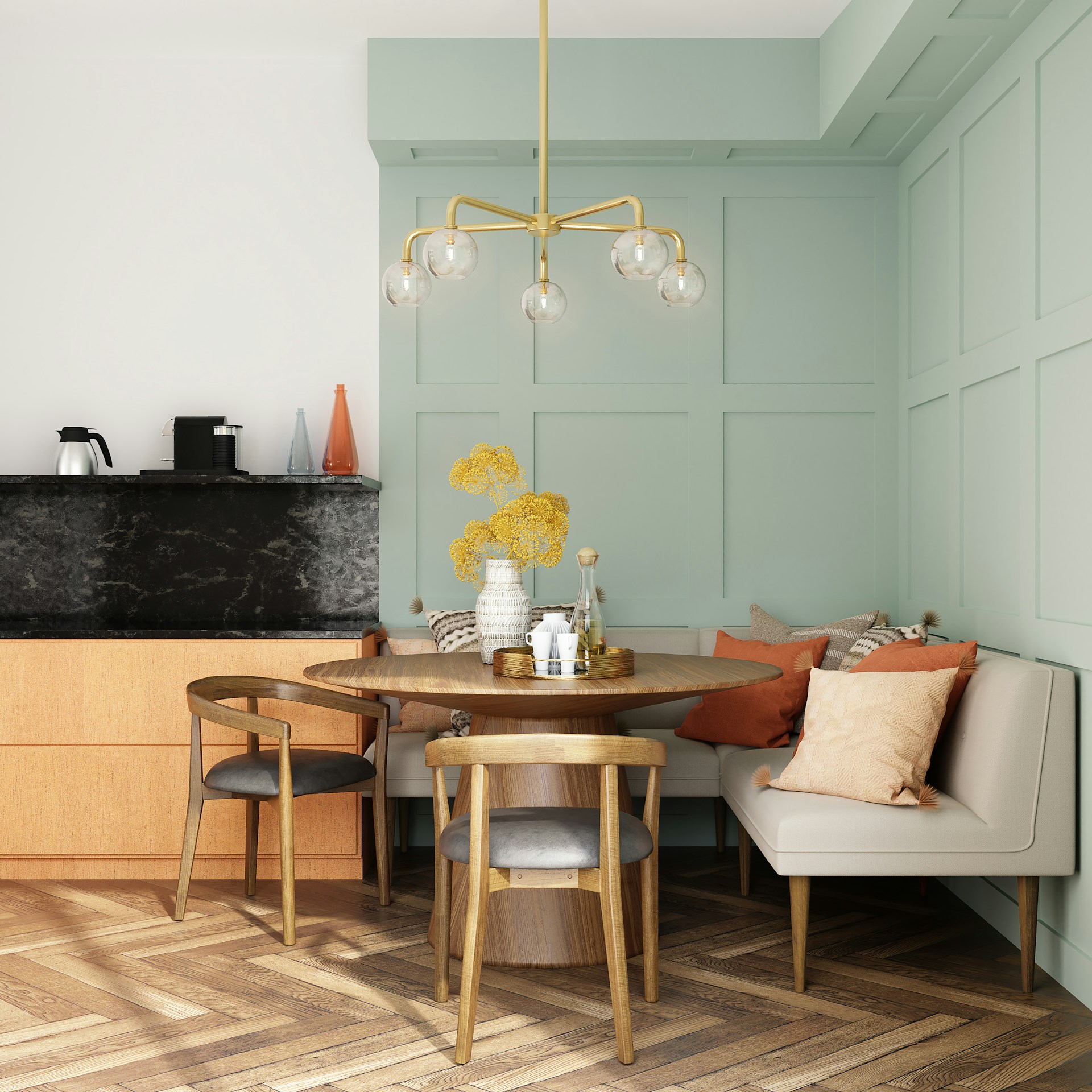 A room with a table, chairs, and a bench.