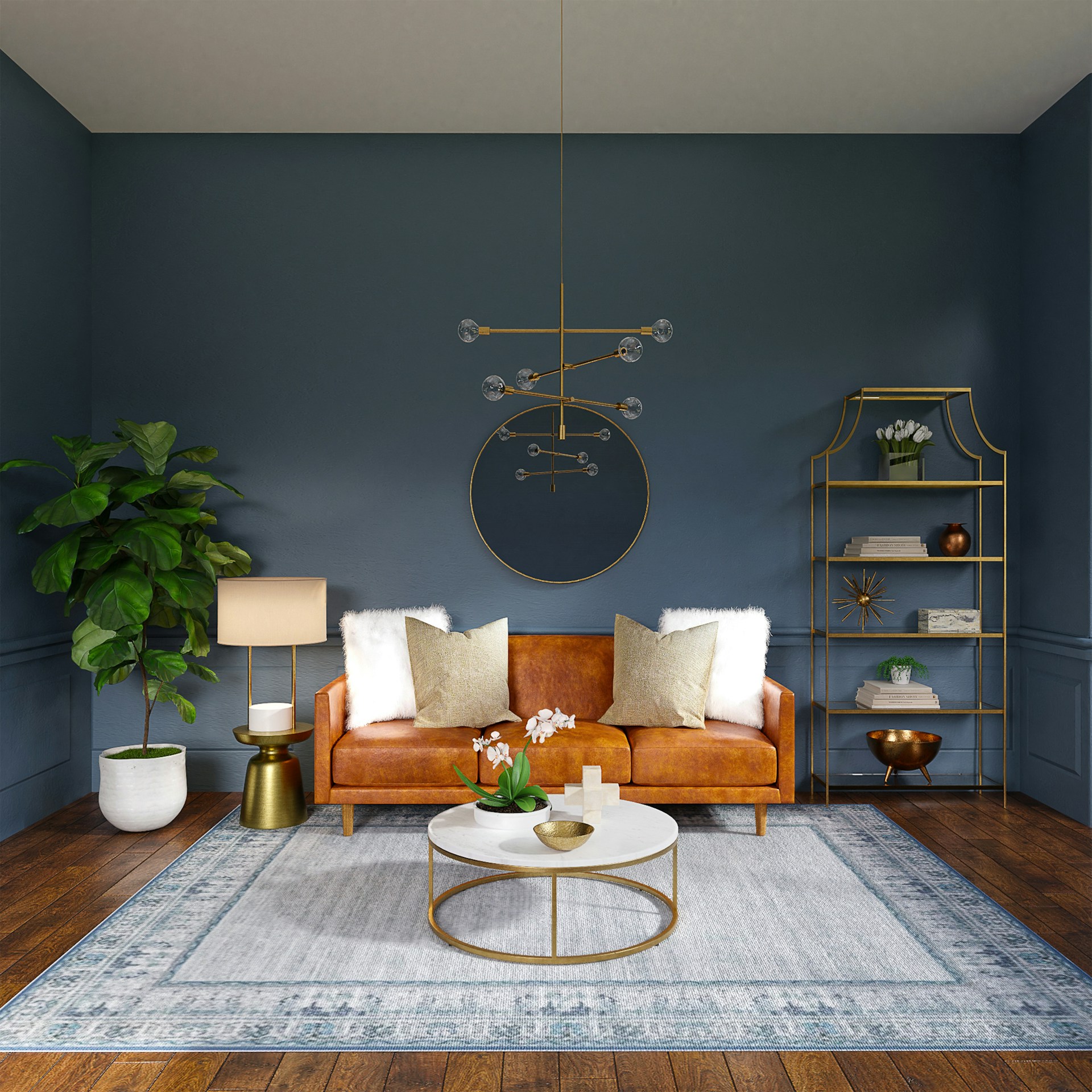A living room with blue walls and a white rug.