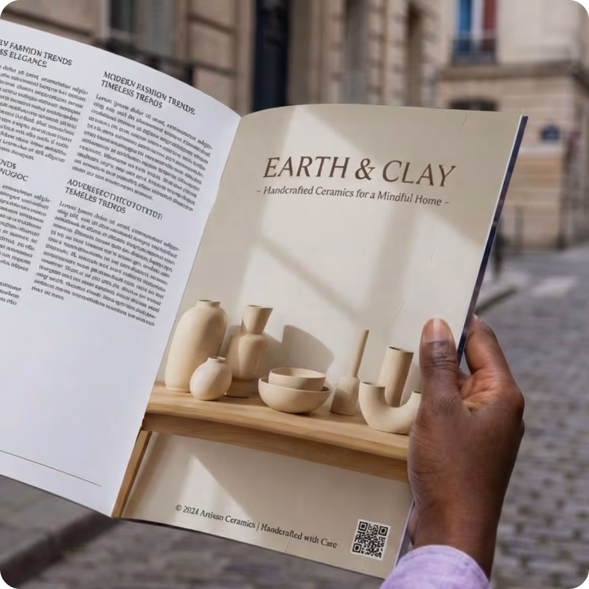 Person holding open catalog page of handcrafted ceramic vases and bowls titled Earth & Clay.