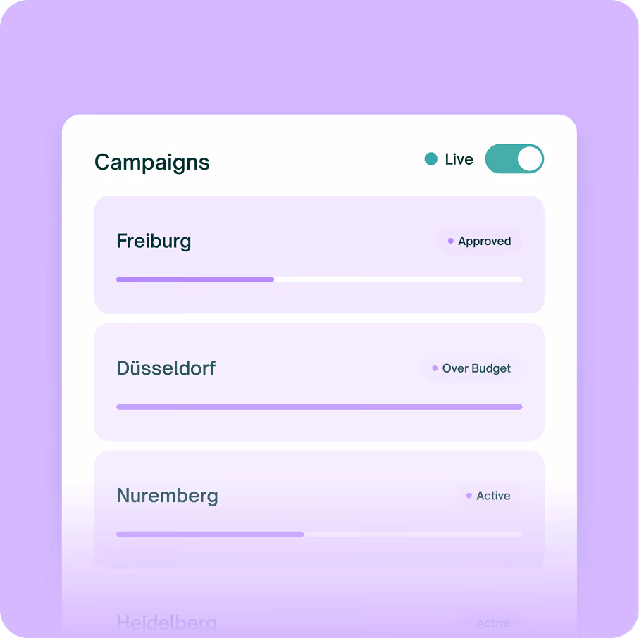 UI for digital ad campaigns showing metrics like clicks, impressions, and CTR in purple tones.