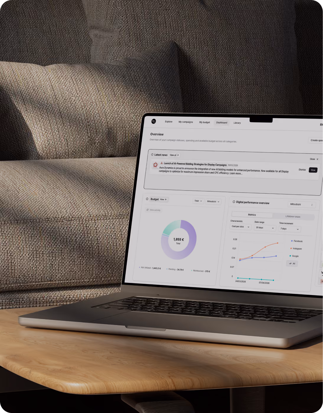 Someone using a laptop displaying a dashboard with analytics and reports.
