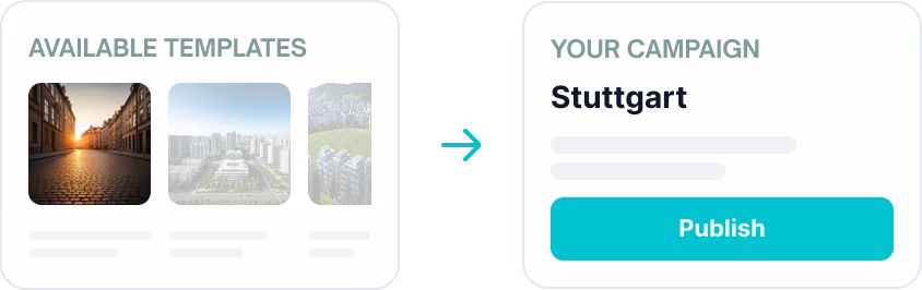UI showing selection of available templates and a campaign named Stuttgart ready to publish.