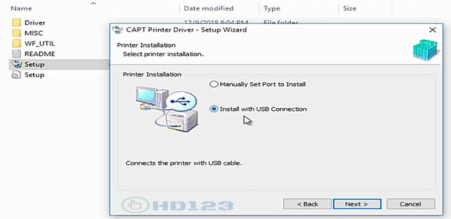 Khi được hỏi về phương thức kết nối, chọn Install with USB Connection.