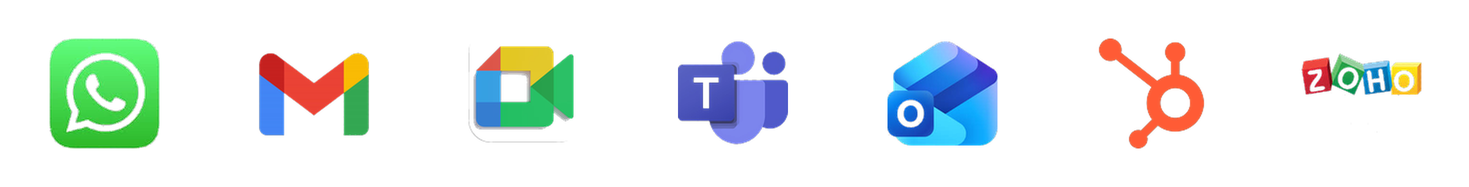 Icons of WhatsApp, Gmail, Google Meet, Microsoft Teams, Outlook, HubSpot, and Zoho apps.