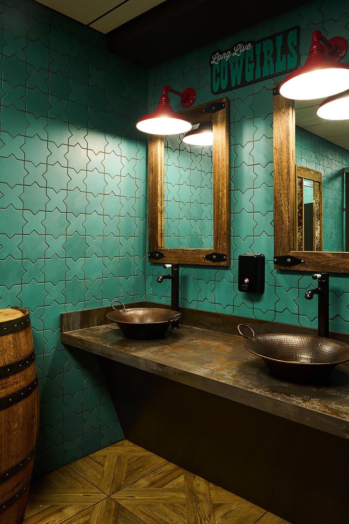 bathroom detail with tile and iron sinks