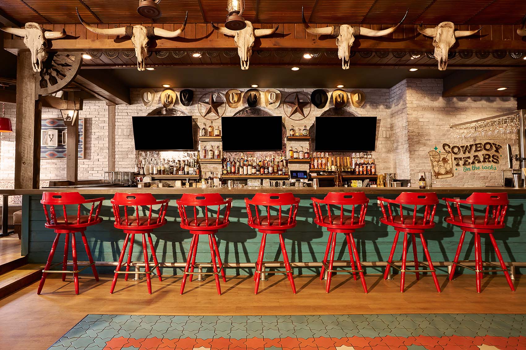 red barstool seating at bar