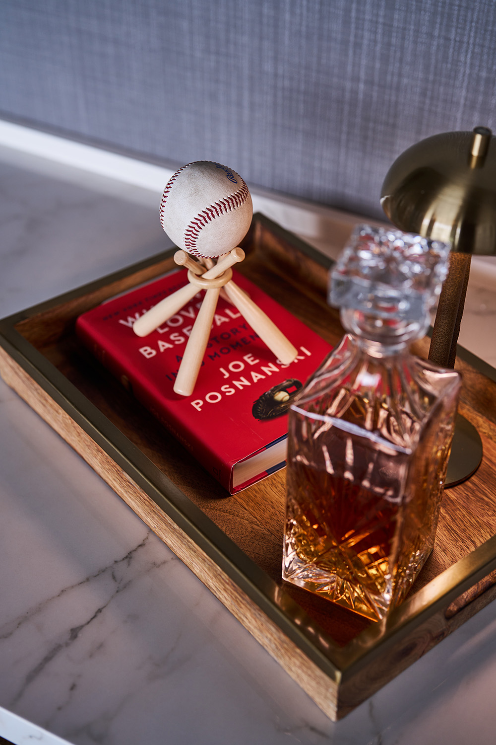 baseball styling with books and decanter 