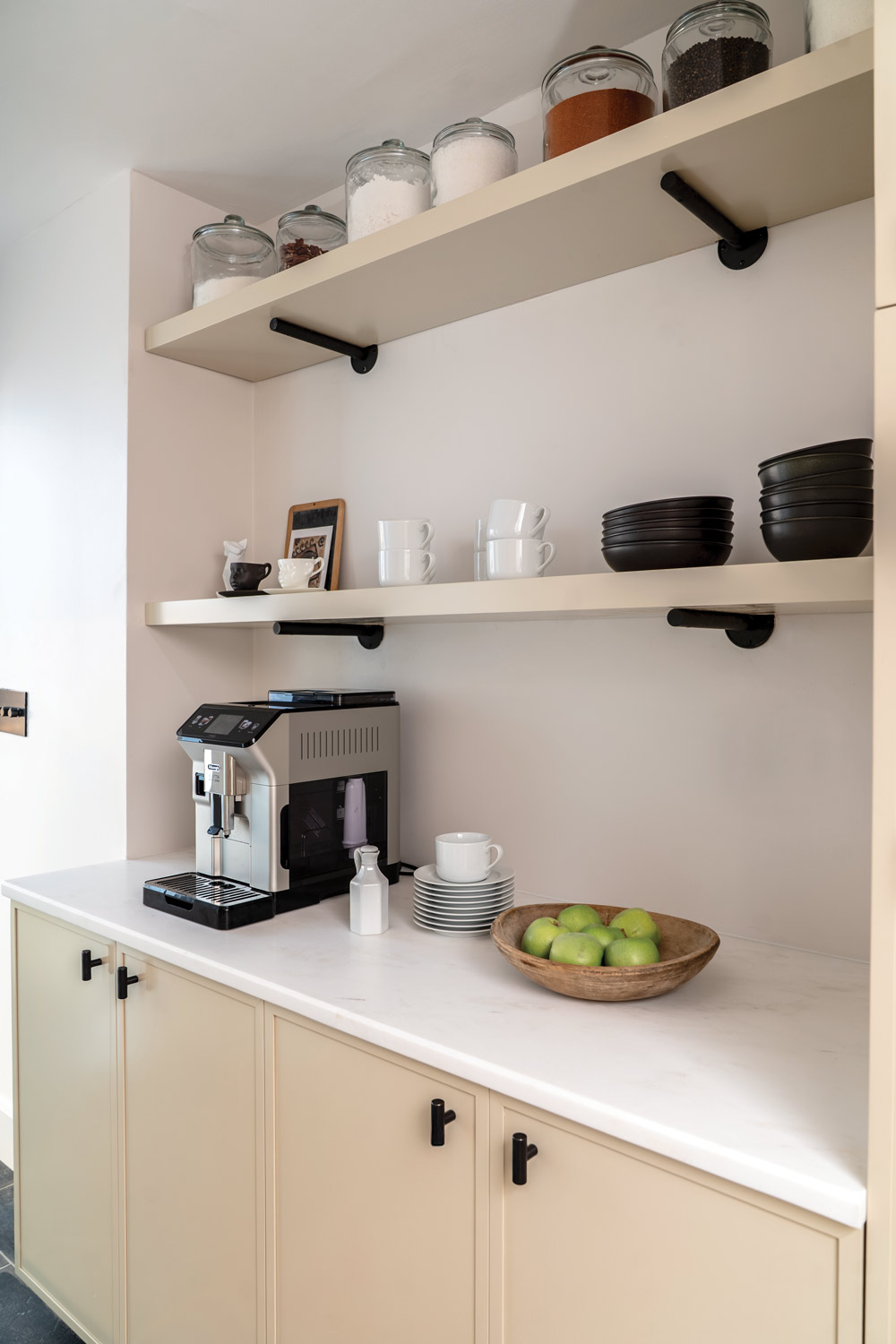 breakfast nook detail with shelving and dish ware