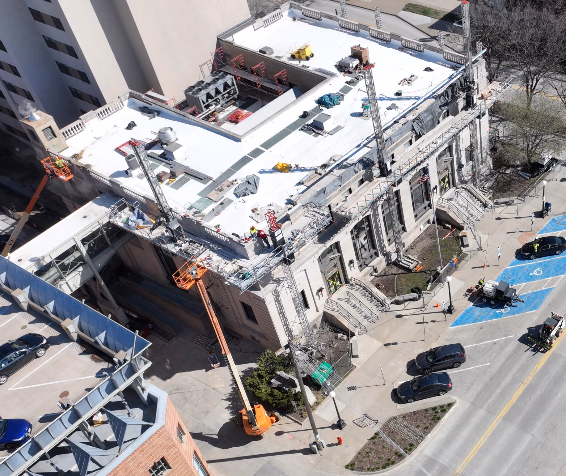Outdoor aerial photo of the building during restorations.