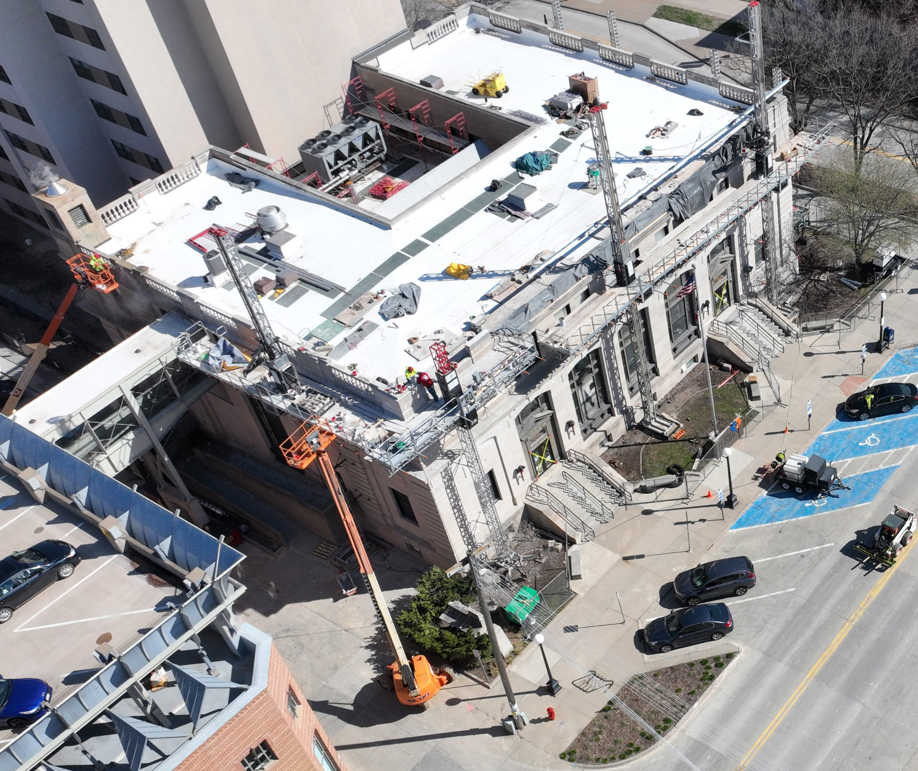Outdoor aerial photo of the building during restorations.
