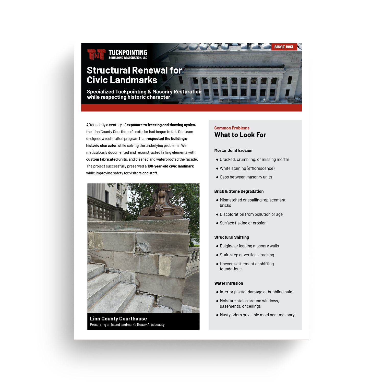 Flyer for Tuckpointing & Building Restoration featuring structural renewal of Linn County Courthouse with overview of common masonry problems like mortar erosion, brick degradation, and water intrusion.