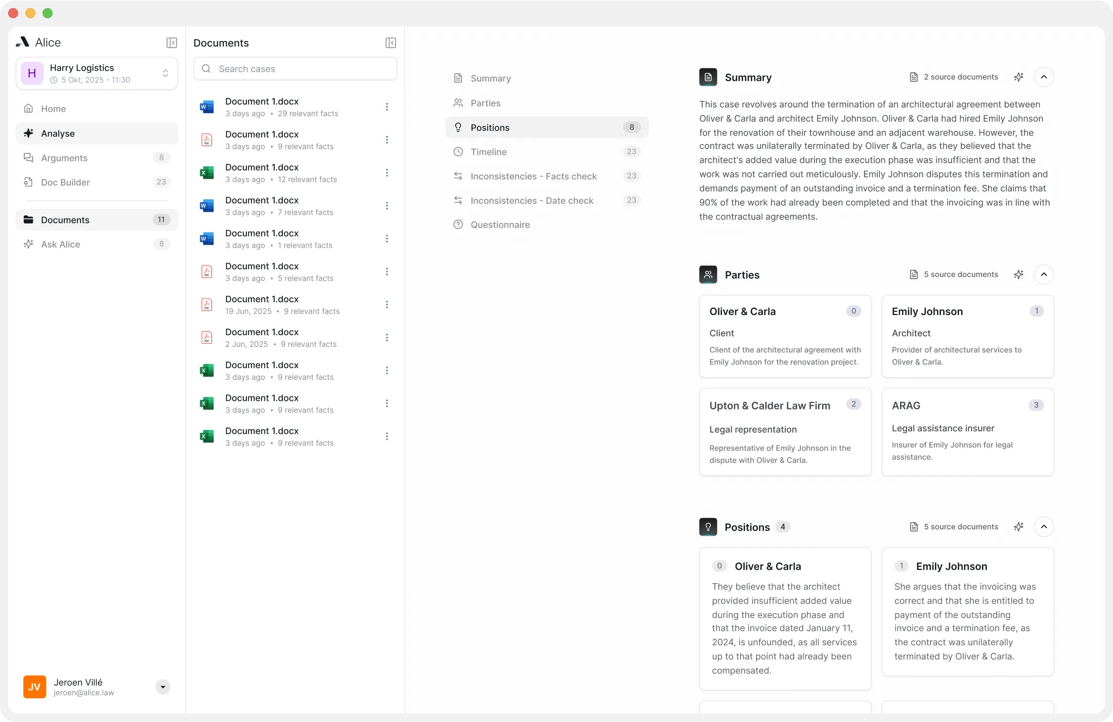 UI mockup displaying a legal document analysis. The interface shows a sidebar with documents, a summary, and sections for parties and positions. The layout is neat and organized.