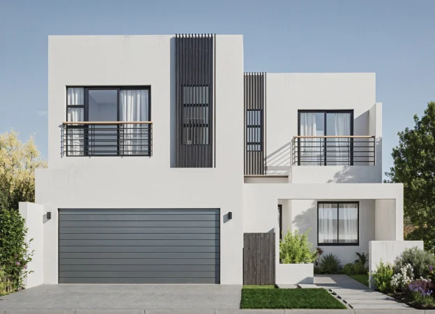 Modern two-story white house with large garage door, balconies with black railings, and landscaped front yard.