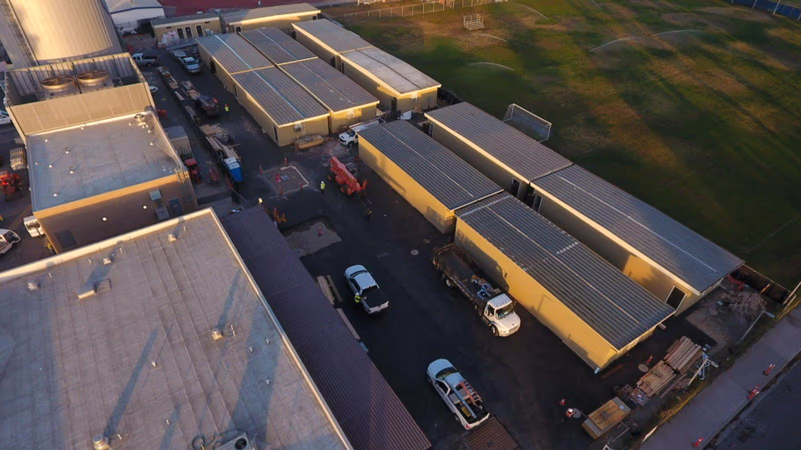 Aerial view of modular classroom buildings on a school campus
