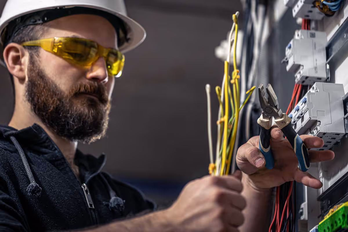 Electrician in hard hat and safety glasses wiring an electrical panel