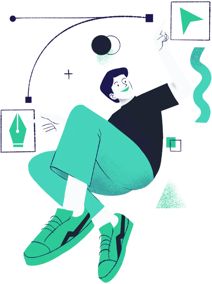 Illustration of a person sitting cross-legged, pointing upwards and sideways at abstract design icons including a pen nib and a paper plane.