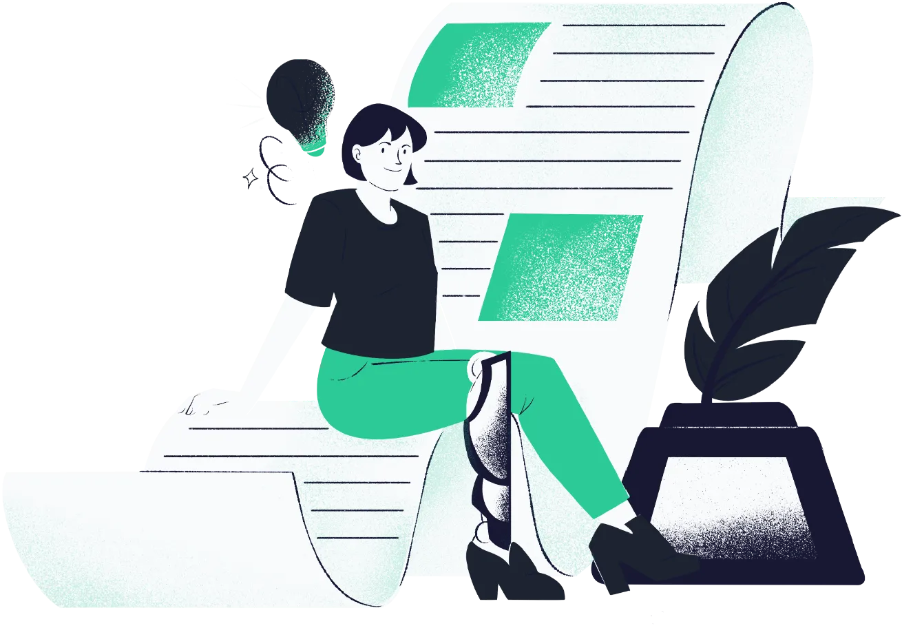 Illustration of a person sitting, holding a large green pencil, with geometric shapes floating nearby.