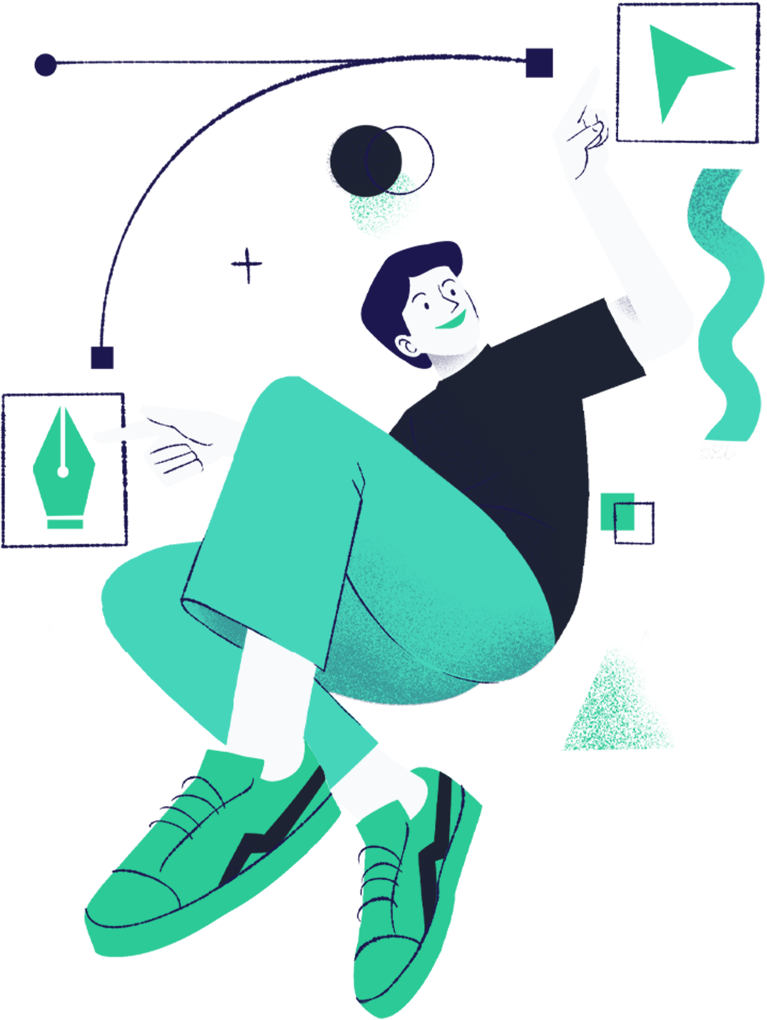 Illustration of a person with teal pants and shoes sitting and pointing at design icons including a pen tool and a cursor arrow.