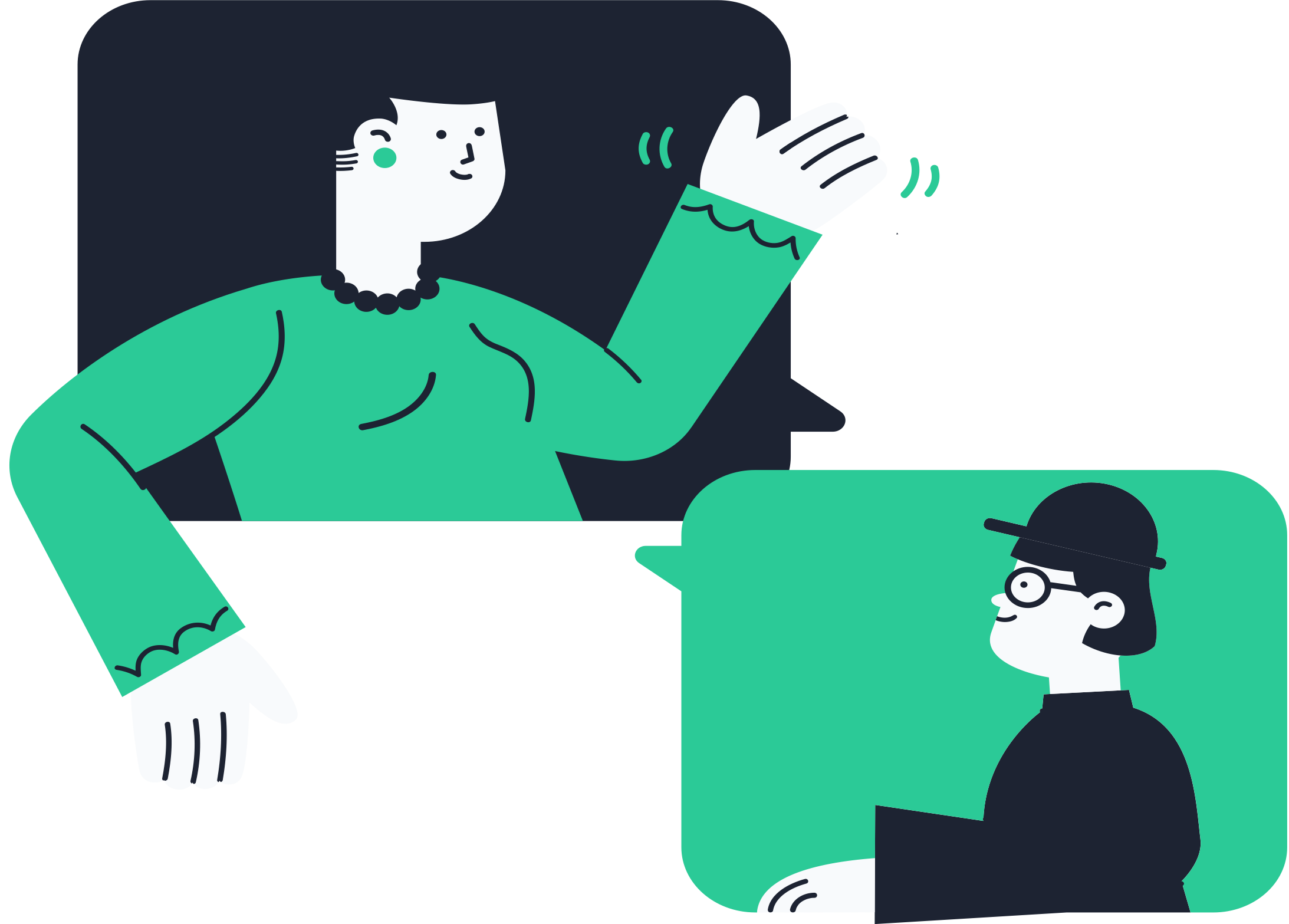 Illustration of one person sitting working on a laptop with a lightbulb above and another standing holding a notebook and giant fountain pen, symbolizing creativity and design.