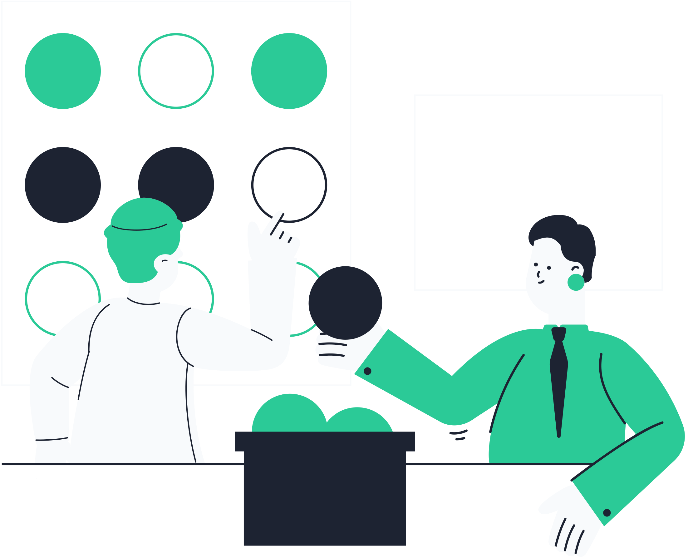 Illustration of one person sitting working on a laptop with a lightbulb above and another standing holding a notebook and giant fountain pen, symbolizing creativity and design.