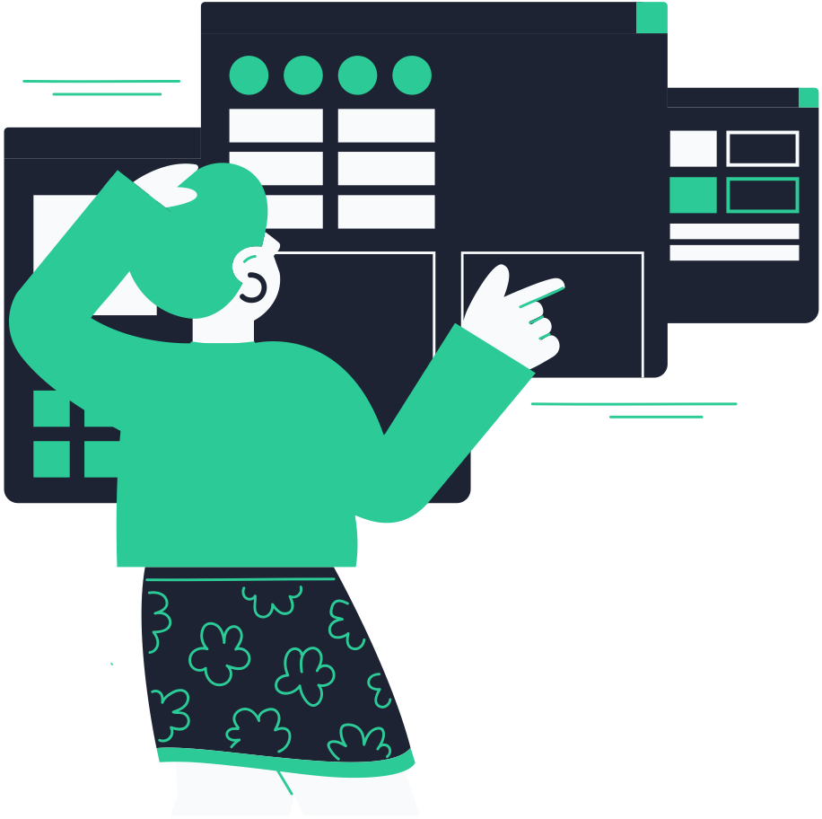 Illustration of one person sitting working on a laptop with a lightbulb above and another standing holding a notebook and giant fountain pen, symbolizing creativity and design.