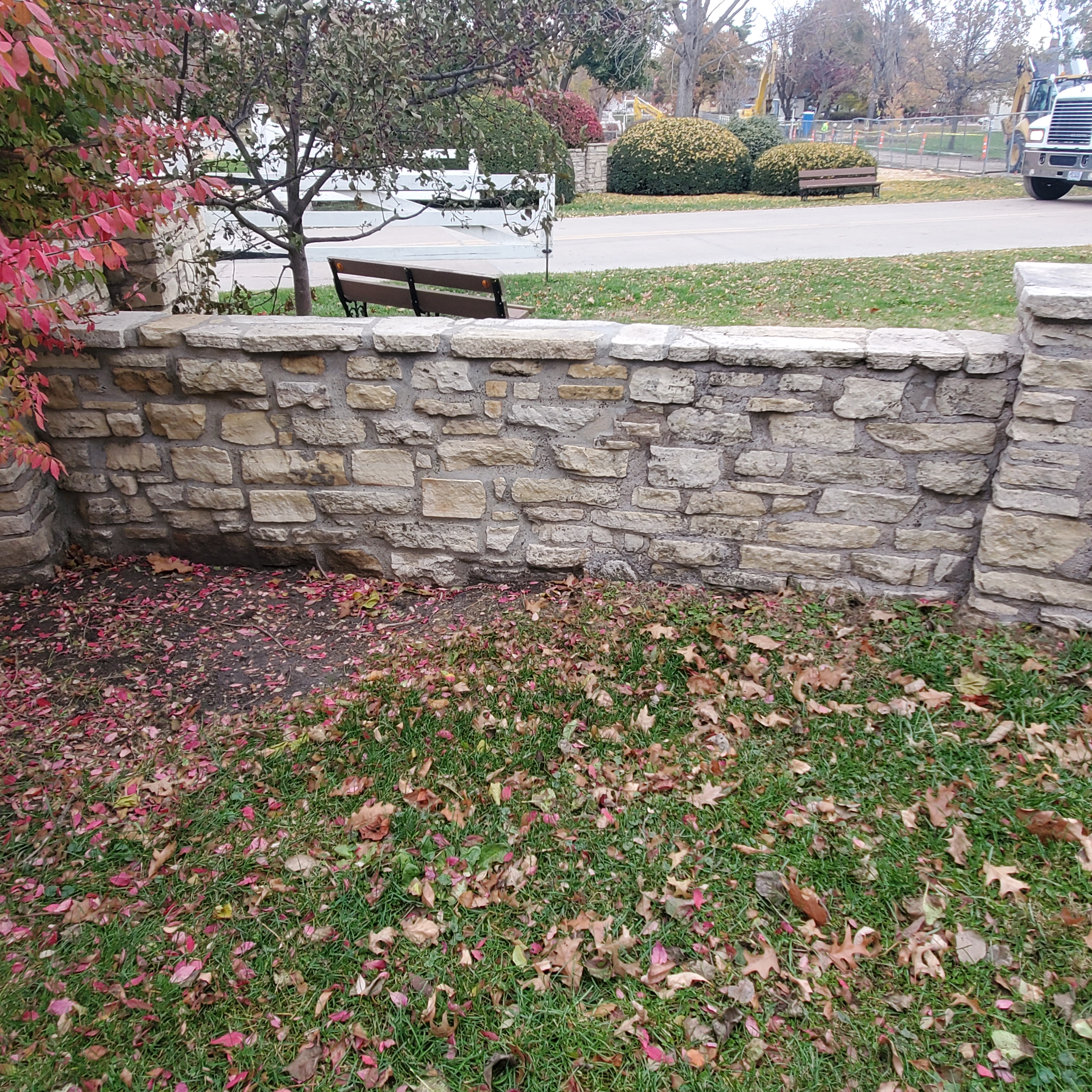 Existing conditions of park entrance sign base before masonry repair, Herbert Hoover NHS