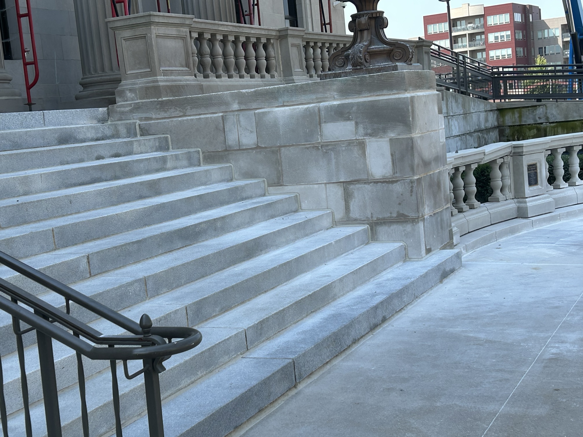 New Indiana limestone baluster installation at Linn County Courthouse plaza