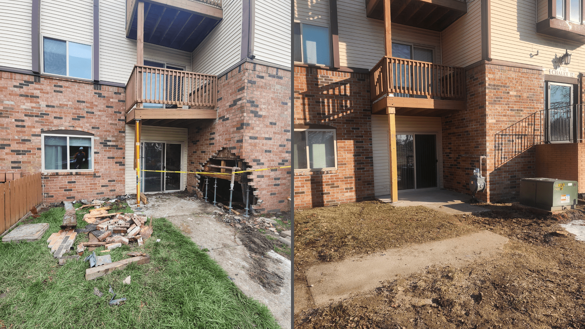 Restored brick facade at Chateau Knoll Apartments, Bettendorf, Iowa following emergency structural repair