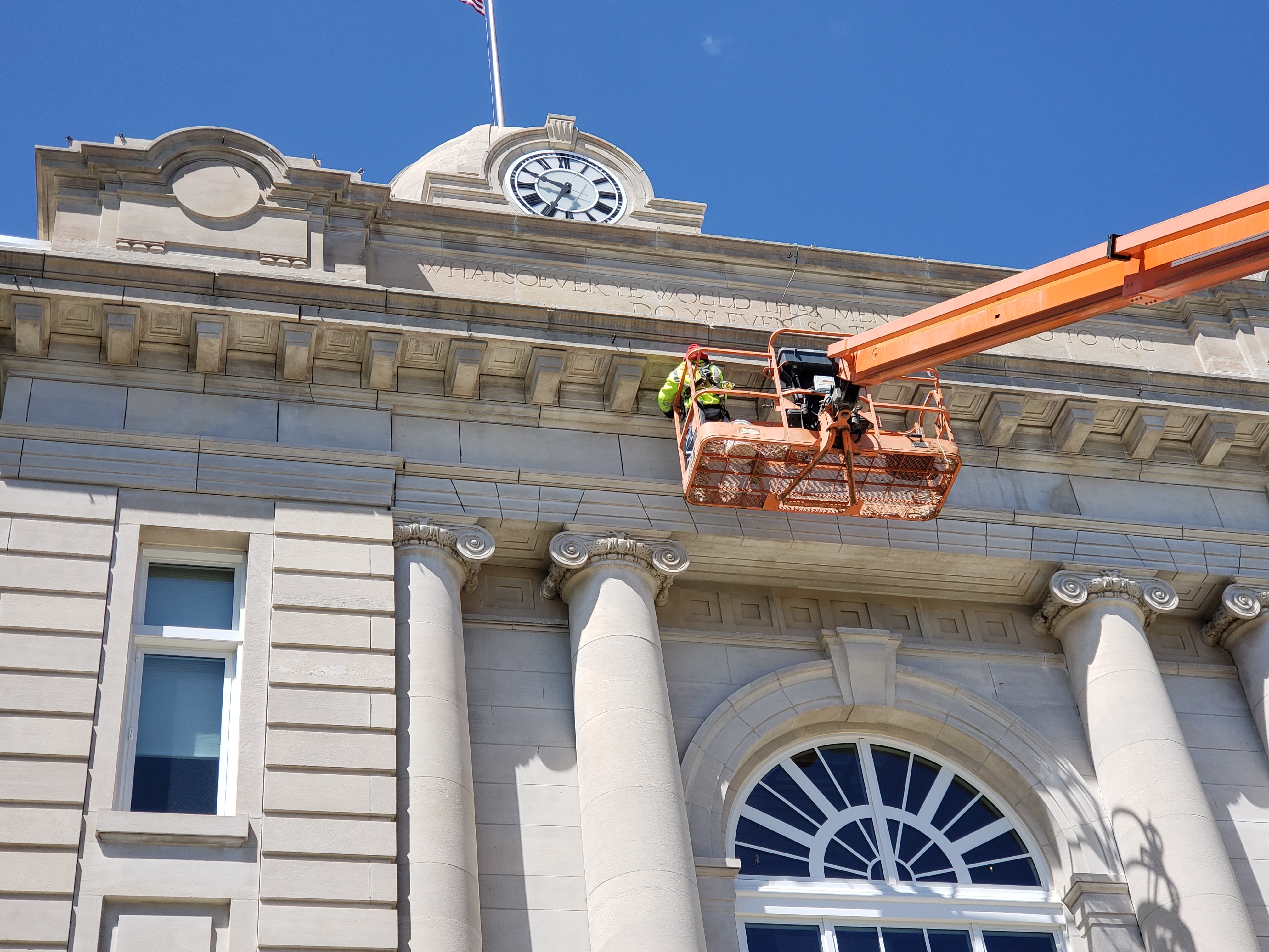 Restored brick and tuckpointing at Jasper County Courthouse, Newton, Iowa