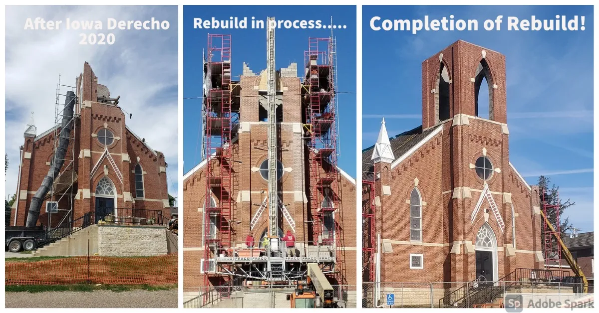 St. Michael Catholic Church before and during bell tower reconstruction by TNT Tuckpointing