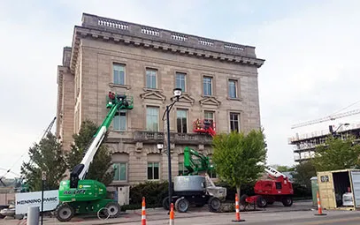 Completed masonry restoration and cleaning at Des Moines City Hall and Police Station