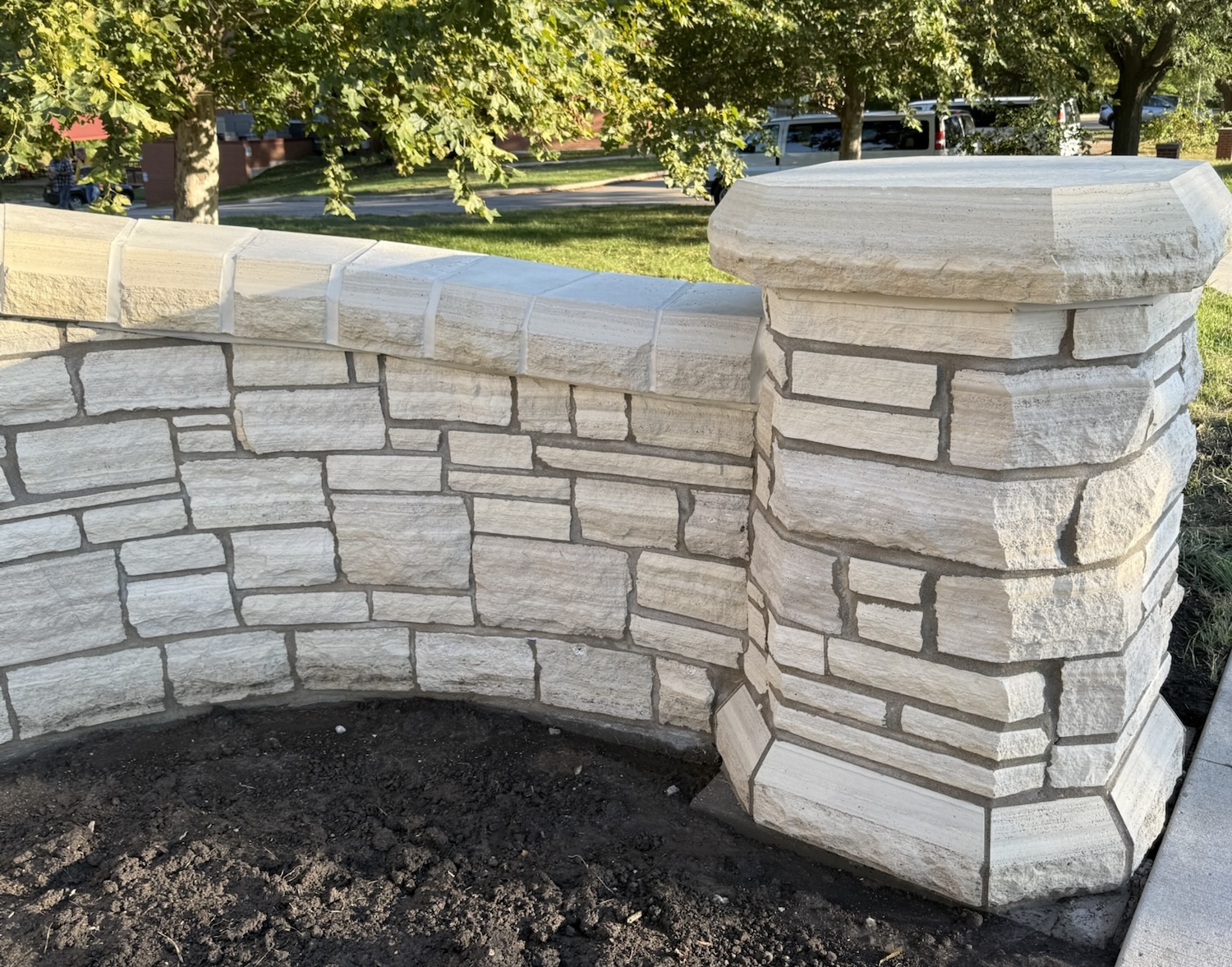Fort Des Moines rebuilt stone entrance monument at historic site — November 2025 Brick and Banter