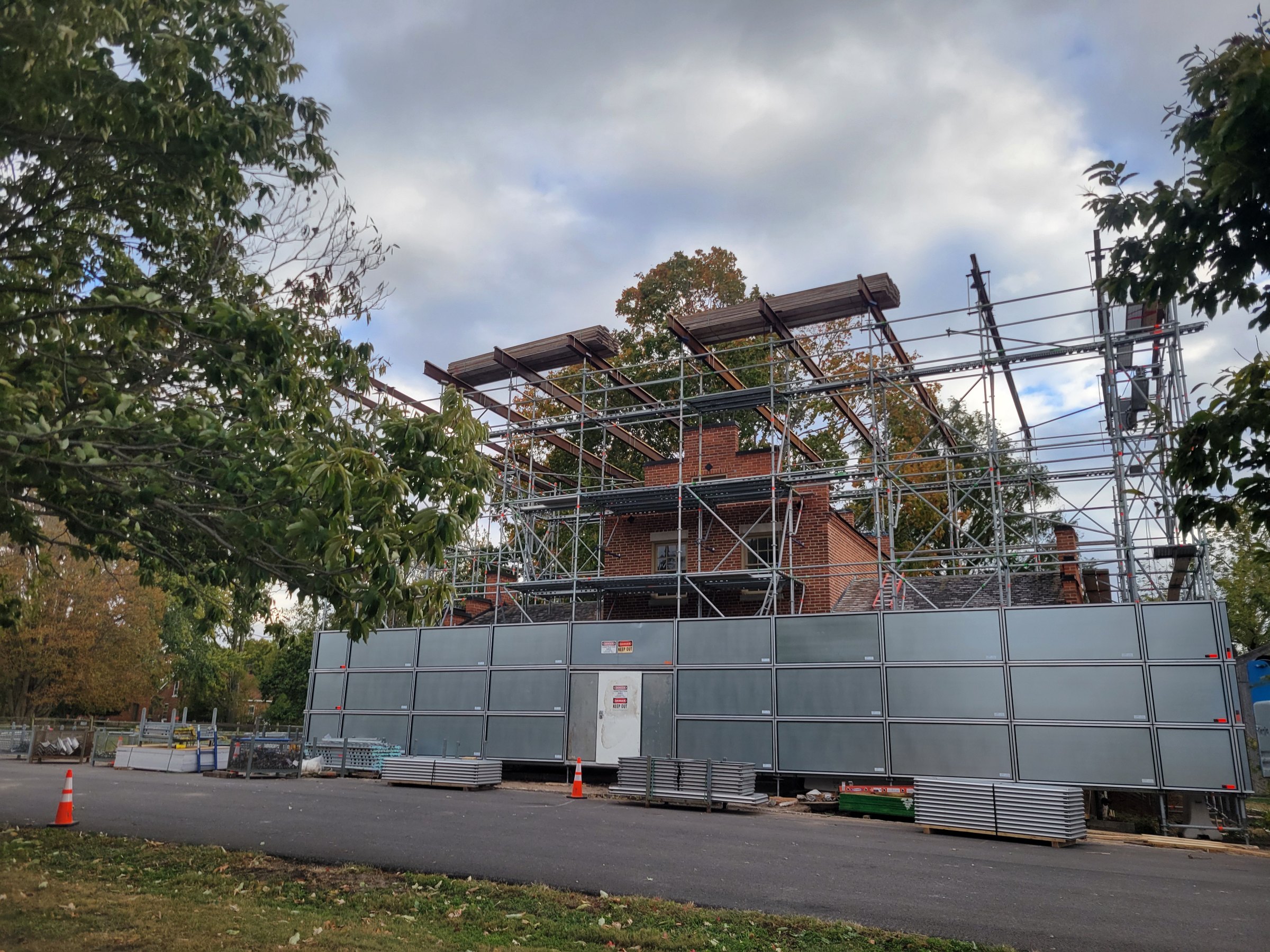 Scaffold enclosure framing going up over the Brigham and Mary Ann Young Home in Nauvoo
