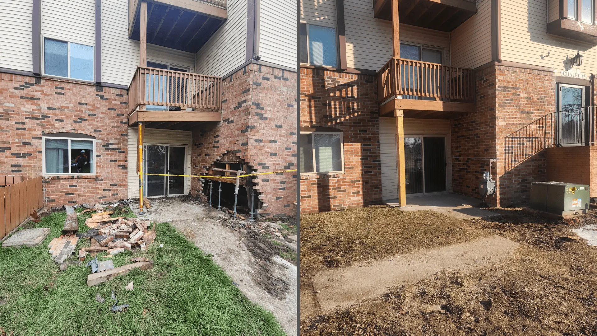 Restored brick facade at Chateau Knoll Apartments, Bettendorf, Iowa, after emergency structural repair by TNT