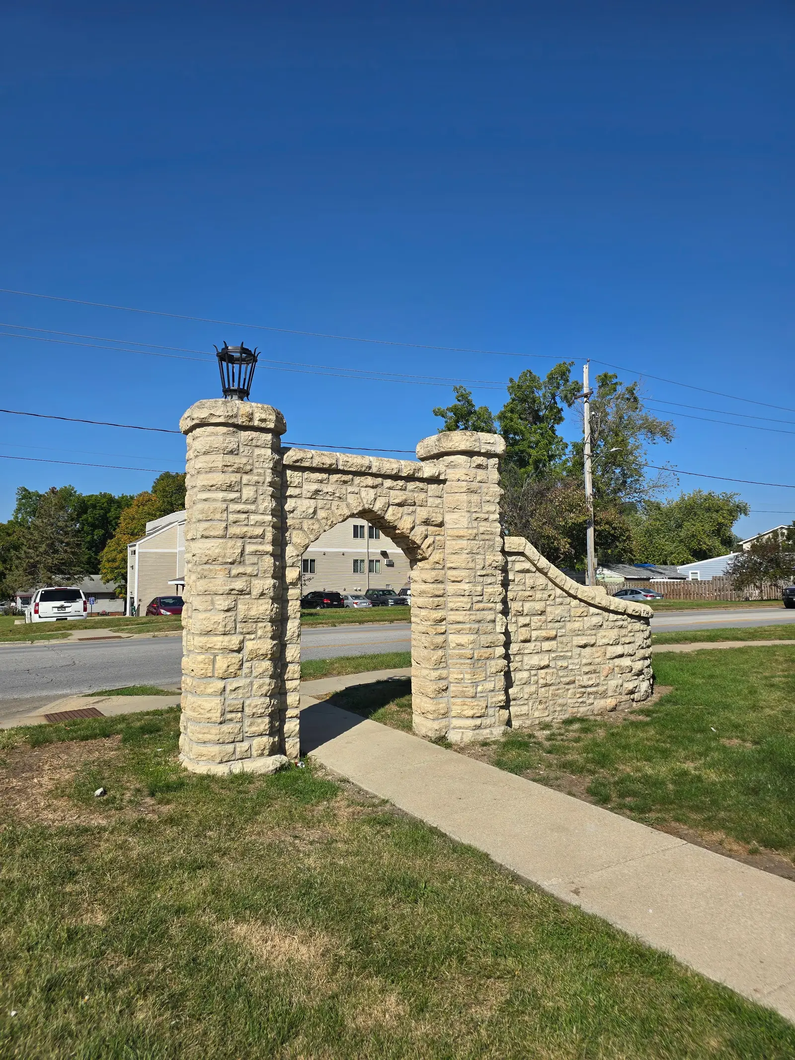 Completed stone entrance monument restoration at historic Fort Des Moines, Iowa