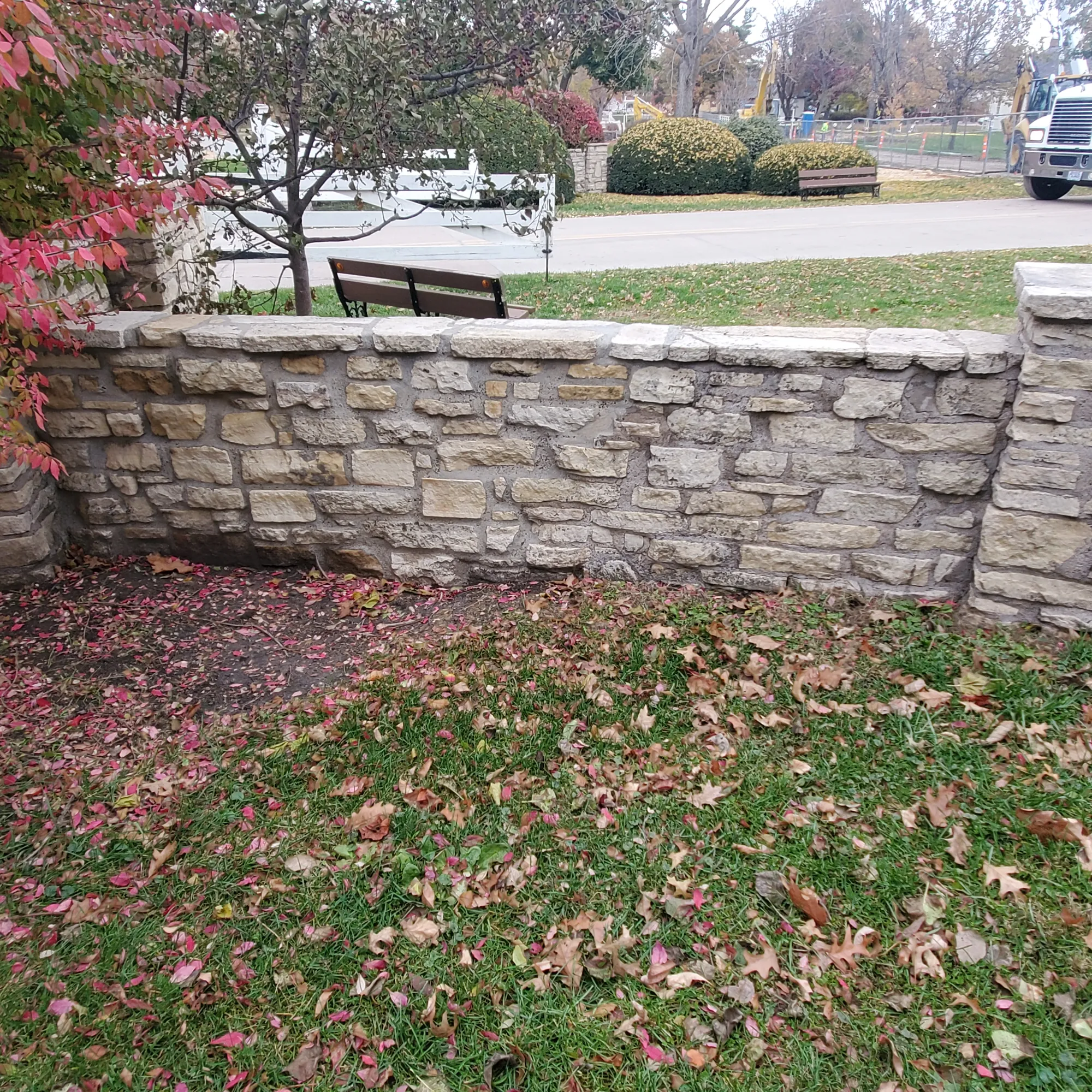 Existing conditions of park entrance sign base before masonry repair, Herbert Hoover NHS