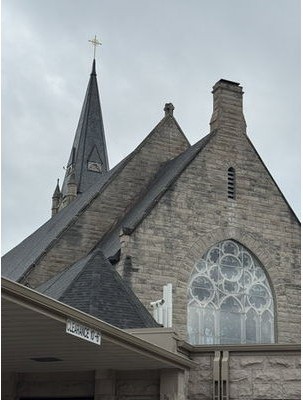 Gothic limestone exterior of Sacred Heart Cathedral in Davenport, Iowa