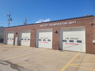 Brick facade of the Walcott fire station and City Hall in Walcott, Iowa