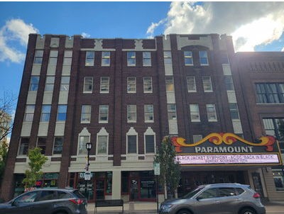 Historic Paramount Theatre building facade in downtown Cedar Rapids, Iowa