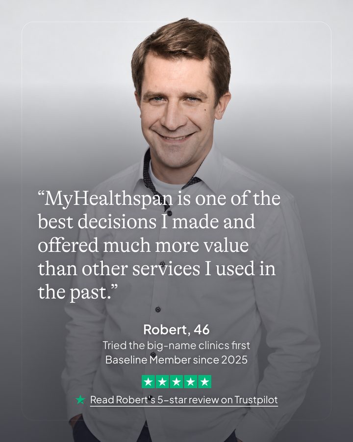 Robert, 46. Tried the big-name clinics first. Baseline member since 2025. Read Robert's 5-star review on Trustpilot.