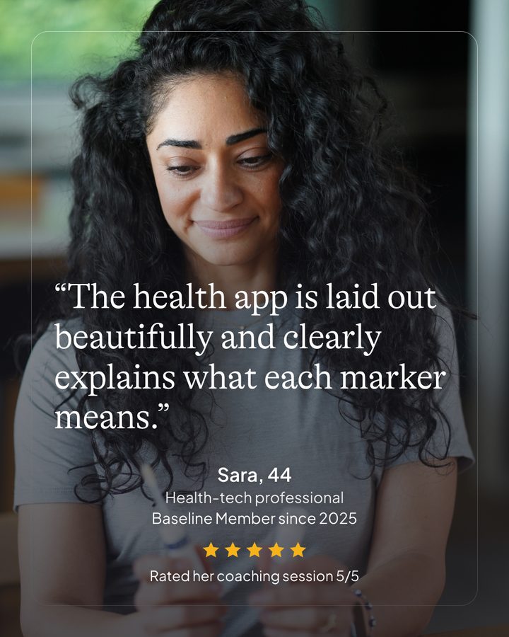 Sara, 44. Health-tech professional. Baseline member since 2025. Rated her coaching session 5/5.