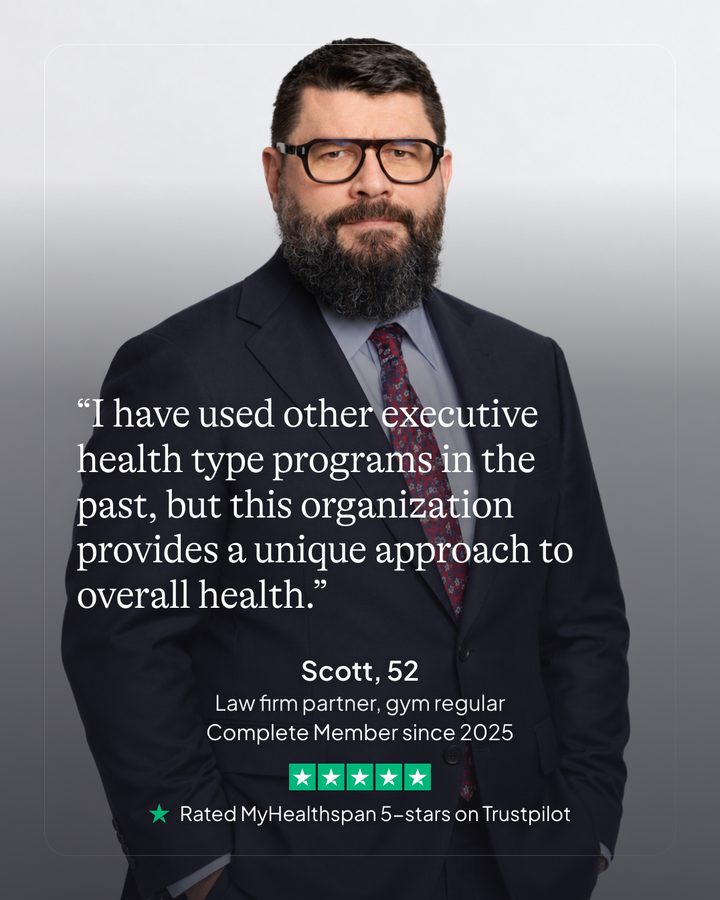 Scott, 52. Law firm partner, gym regular. Complete member since 2025. Rated MyHealthspan 5-stars on Trustpilot.