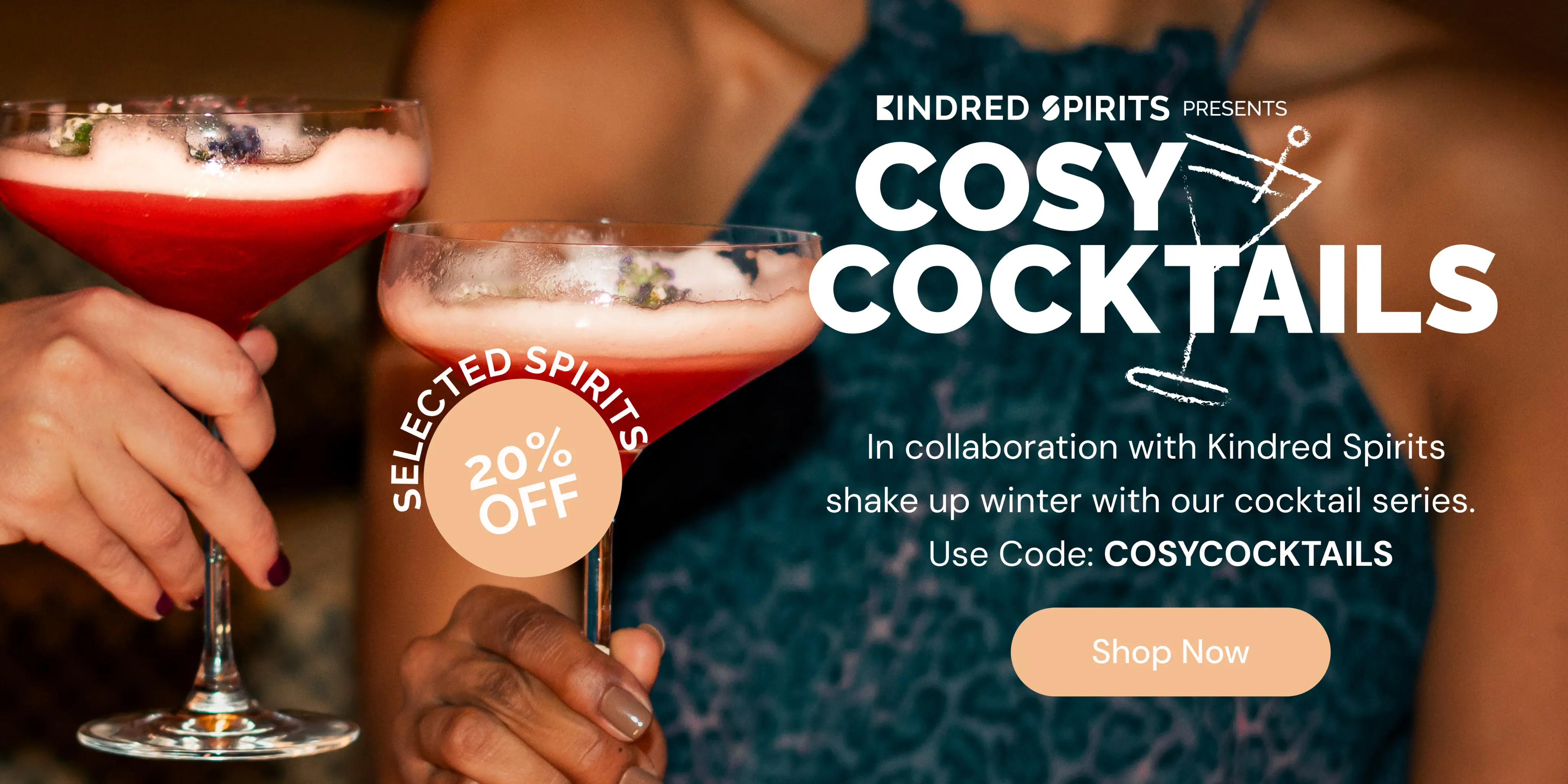 Two hands holding red frothy cocktails with a 20% off selected Sugarbird Cape Fynbos spirits promotion overlay for cosy cocktails campaign with Kindred Spirits.