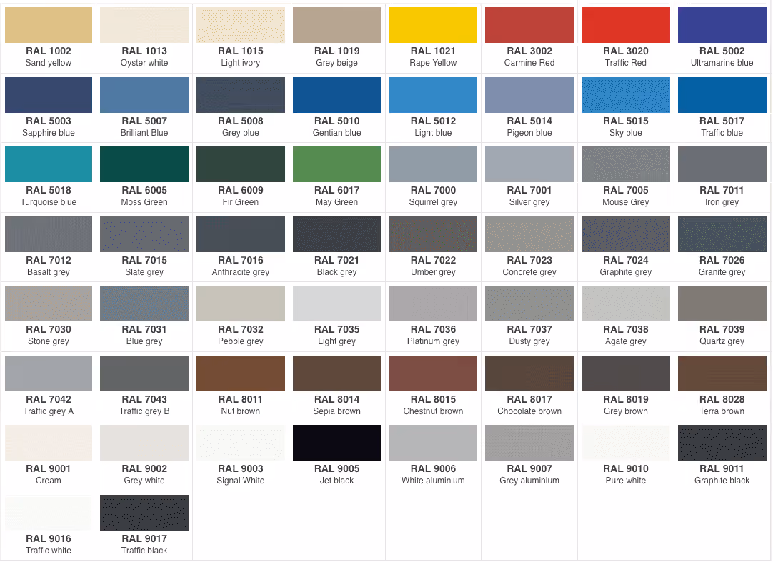 Another image of a selection of colours that sunray doors come in